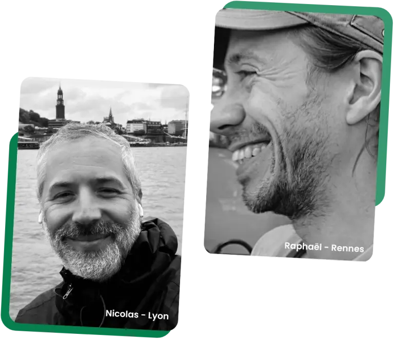 Photo de Nicolas & Raphael de l'équipe 1pixel. Les deux photos sont en noir & blanc et en zoom sur leus visages