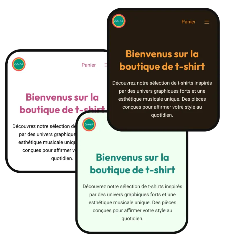 image montrant une partie d'une boutique de demo avec 3 sets de couleurs différents